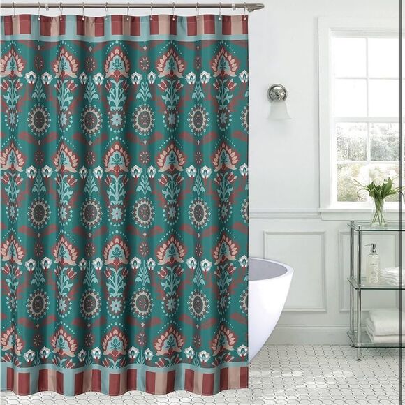 West Teal Floral Damask Medallion Modern Country Decorative 72" Shower Curtain - Picture 1 of 1